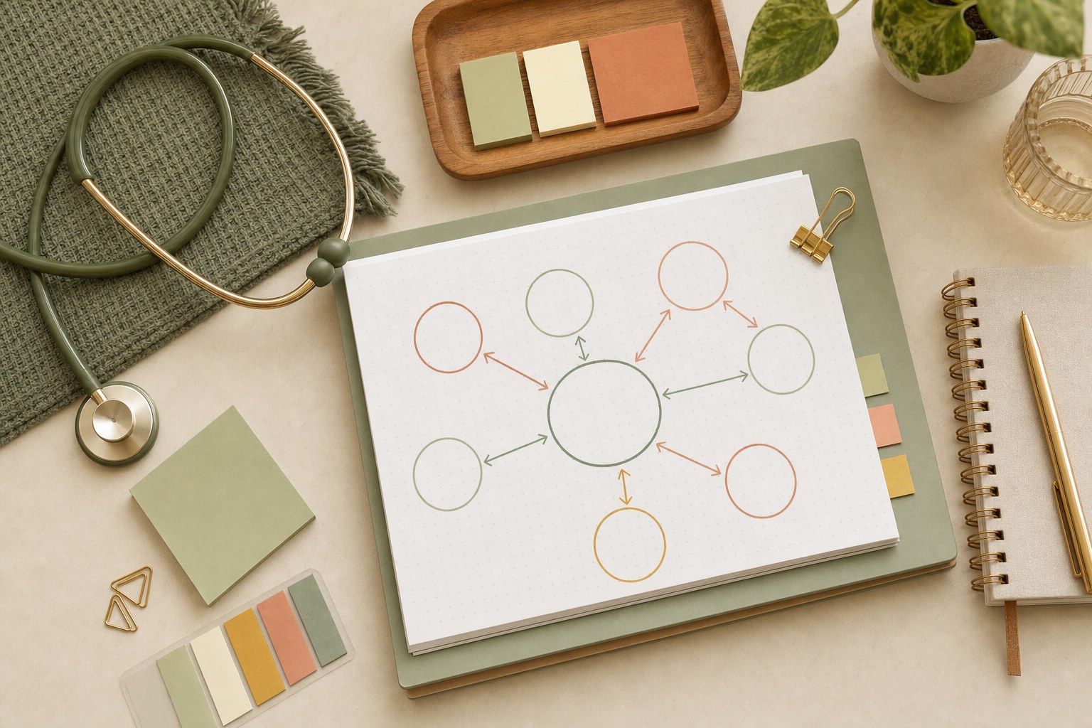 Blank concept map with colored circles and arrows beside a stethoscope and study notes