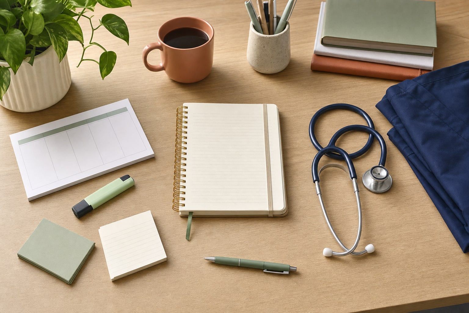 Nursing-school preparation desk with planner, notebook, study cards, stethoscope, and folded navy scrubs