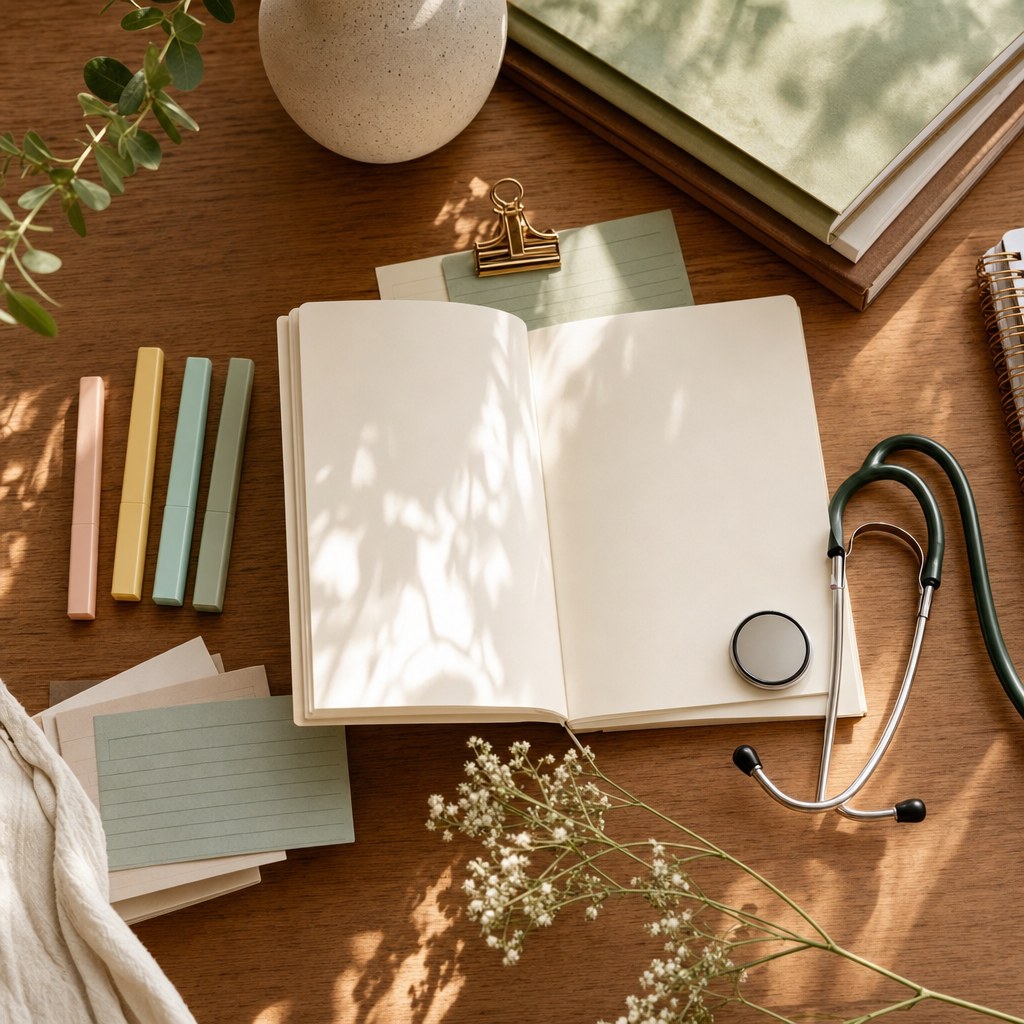 Open notebook, study cards, highlighters, and a stethoscope on a warm wood desk