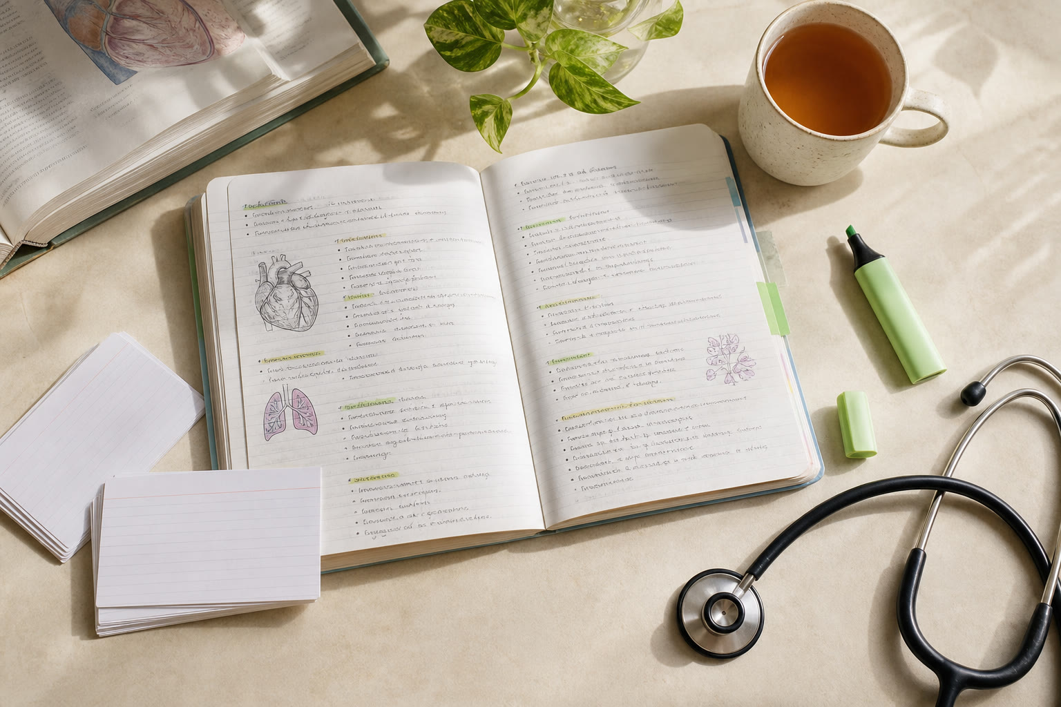 Open nursing study guide, flashcards, stethoscope, and highlighter on a sunlit desk