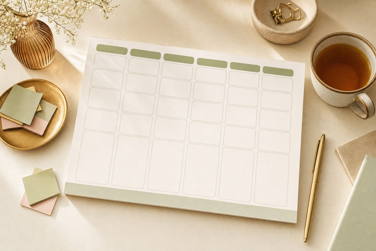 Undated weekly planner with empty time blocks, sticky notes, tea, and a pen