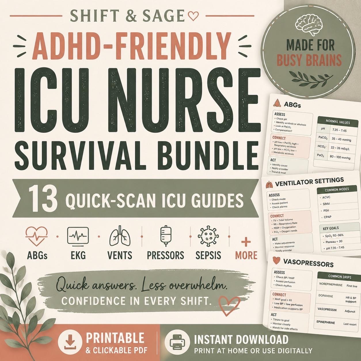 ADHD-Friendly ICU Nurse Survival Bundle | 13 Quick-Scan Critical Care Guides (Digital PDF)