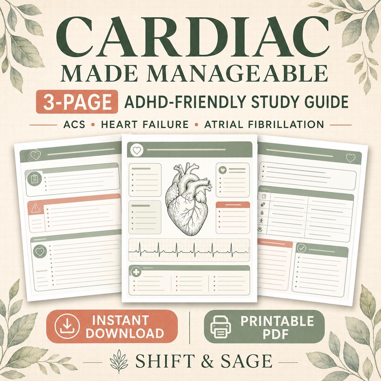 Cardiac Nursing Study Guide, ADHD-Friendly Med-Surg Notes, 3-Page Printable PDF