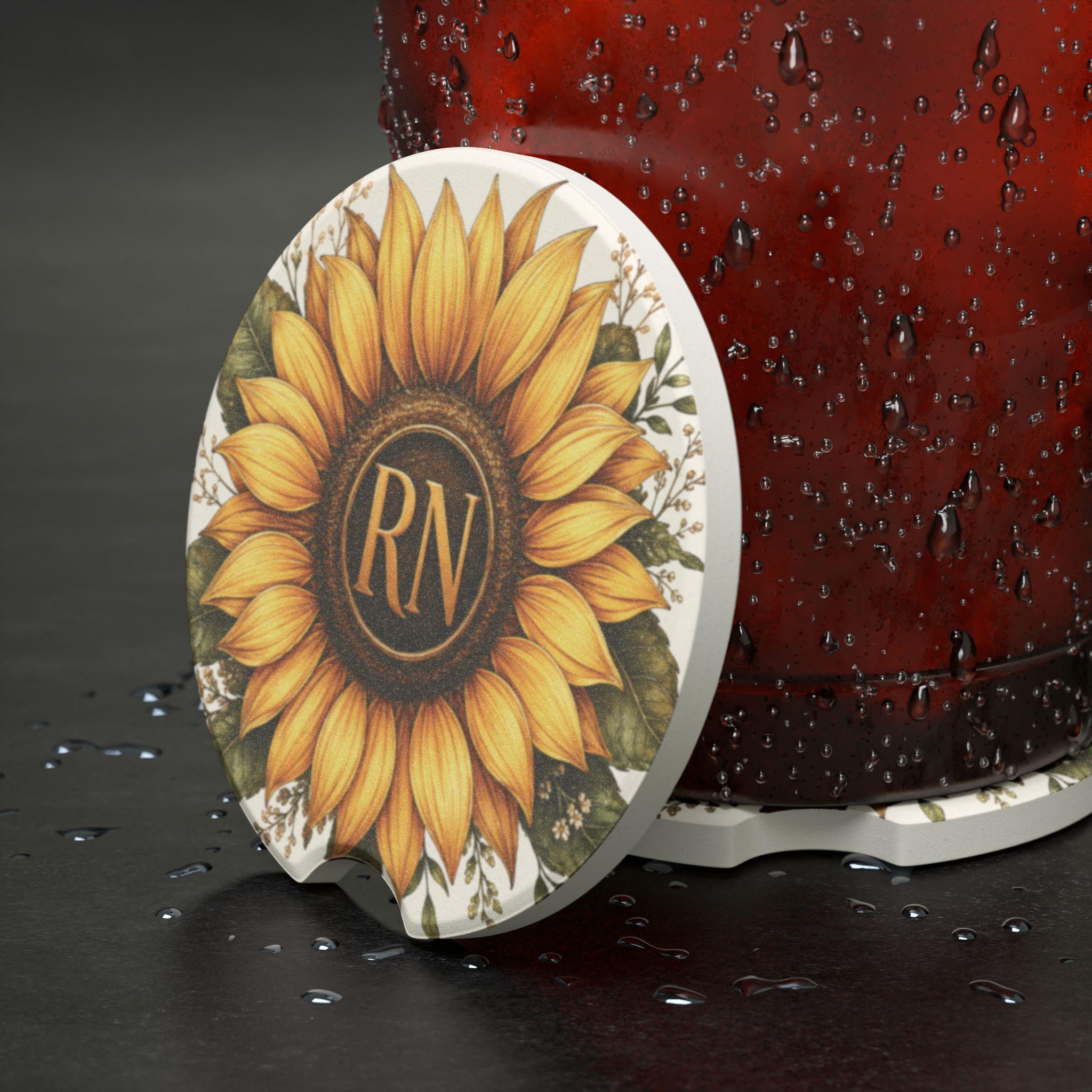 Personalized RN Sunflower Car Coaster | Hand-Painted Soapstone Monogram RN Gift, view 5