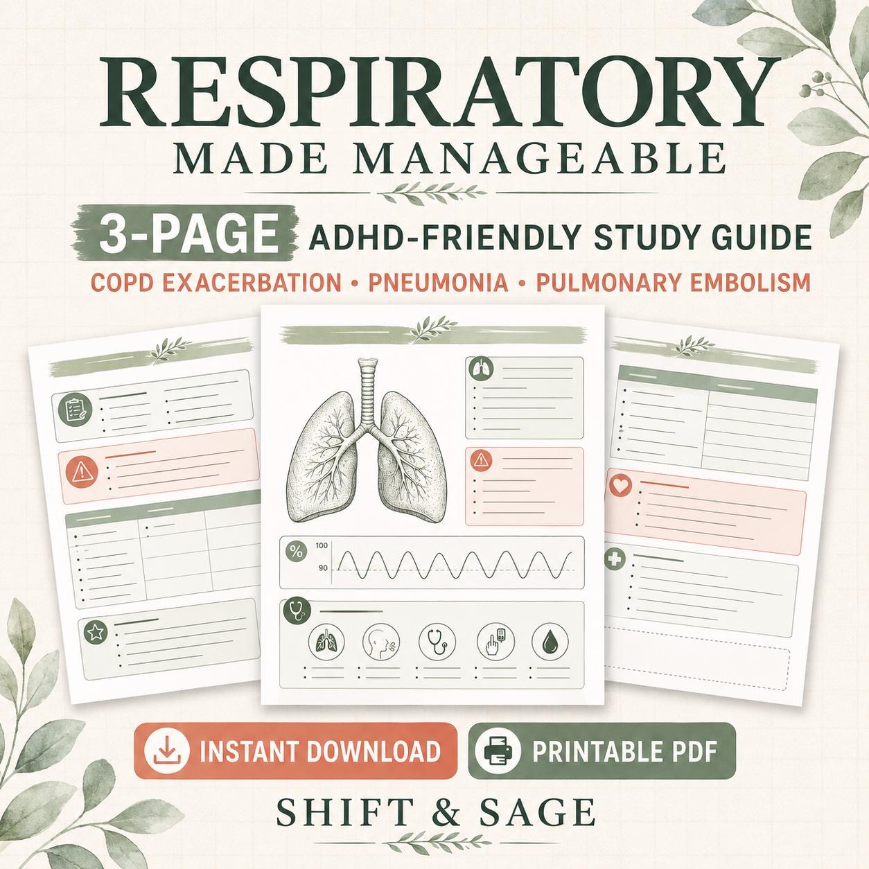 Respiratory Nursing Study Guide, ADHD-Friendly Med-Surg Notes, 3-Page Printable PDF
