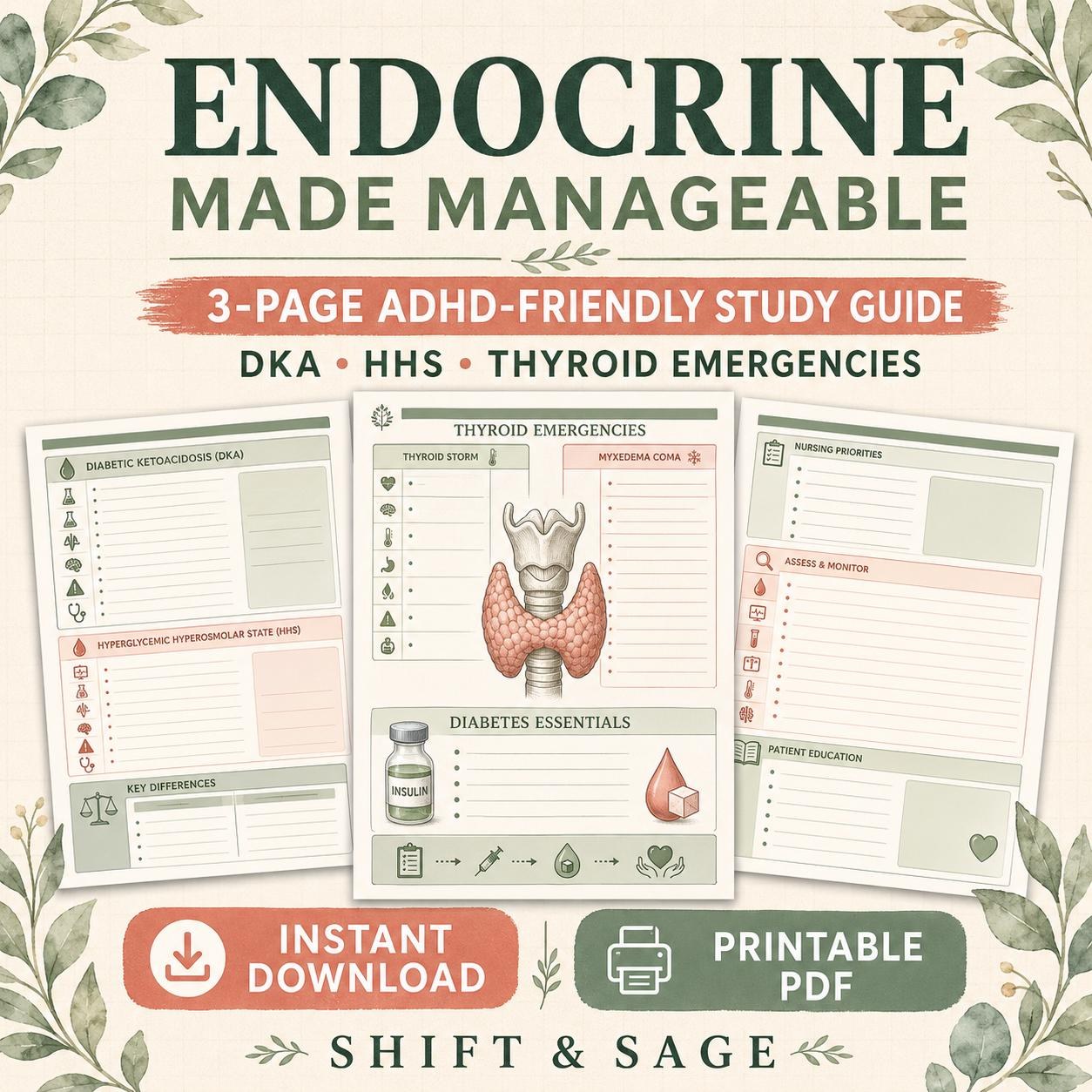 Endocrine Nursing Study Guide, ADHD-Friendly Med-Surg Notes, 3-Page Printable PDF