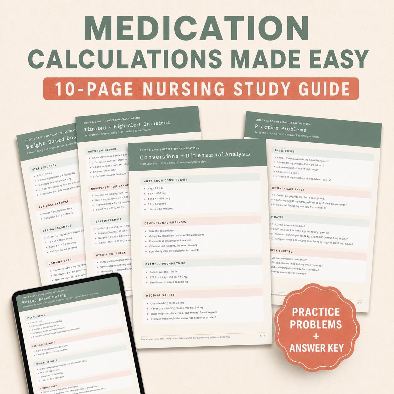 ADHD-Friendly Nursing Med Math Study Guide | NCLEX Practice Worksheets (PDF)