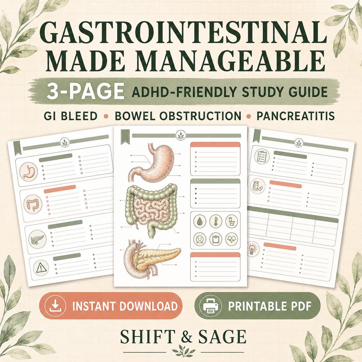 Gastrointestinal Nursing Study Guide, ADHD-Friendly Med-Surg Notes, 3-Page Printable PDF
