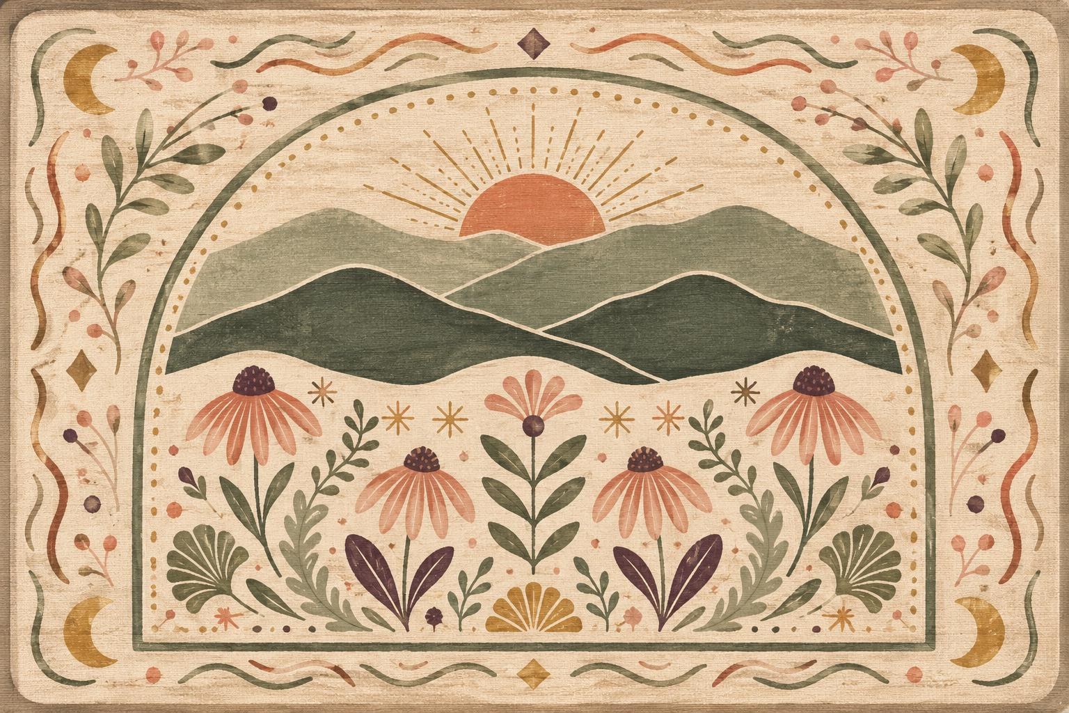Sunrise Mountain Floral Washable Rug | Cottagecore Boho Entryway Mat | Wildflower Kitchen Runner Rug
