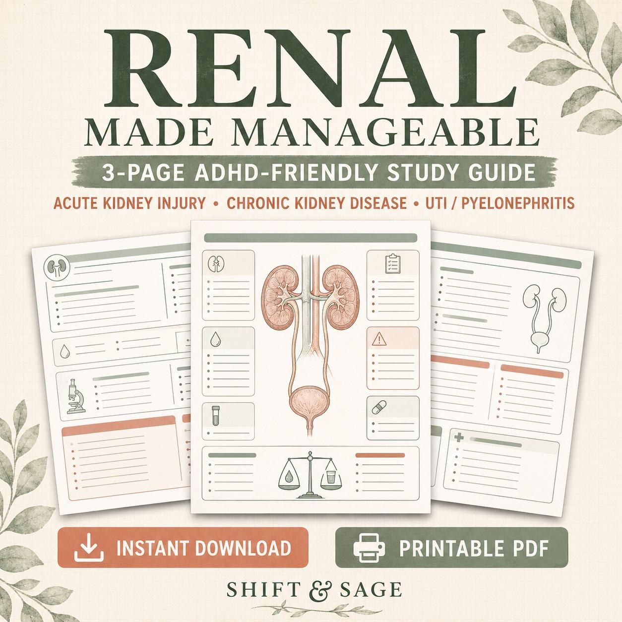 Renal Nursing Study Guide, ADHD-Friendly Med-Surg Notes, 3-Page Printable PDF