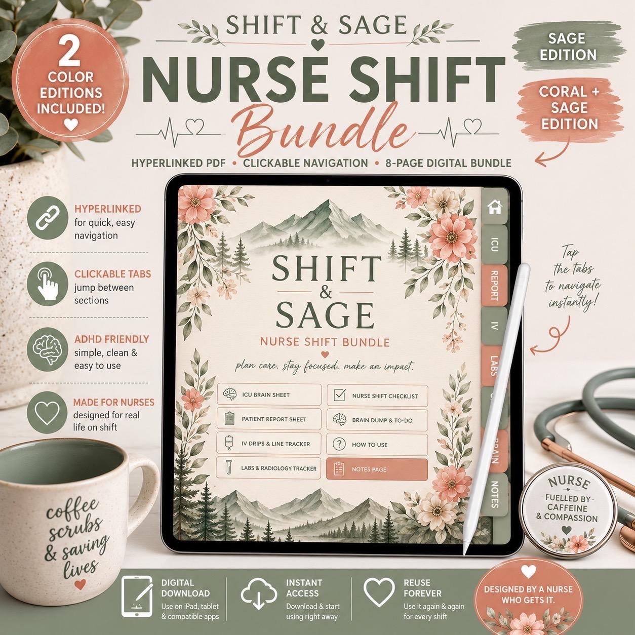 ADHD Nurse Report Sheet Bundle | ICU Shift Planner, Digital PDF (Printable)