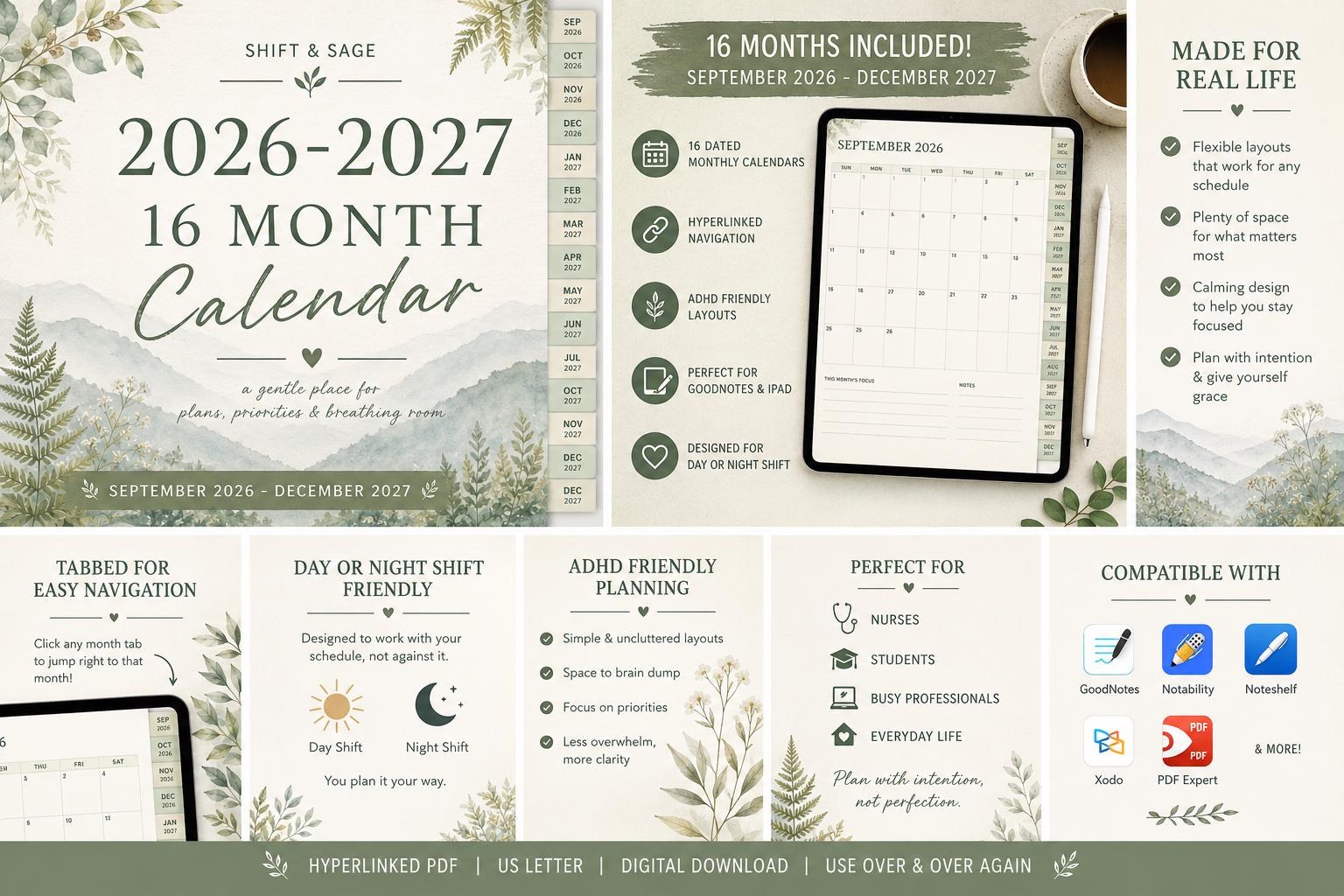 Digital Calendar 2026-2027 | Hyperlinked Monthly Planner (Digital Download), view 4
