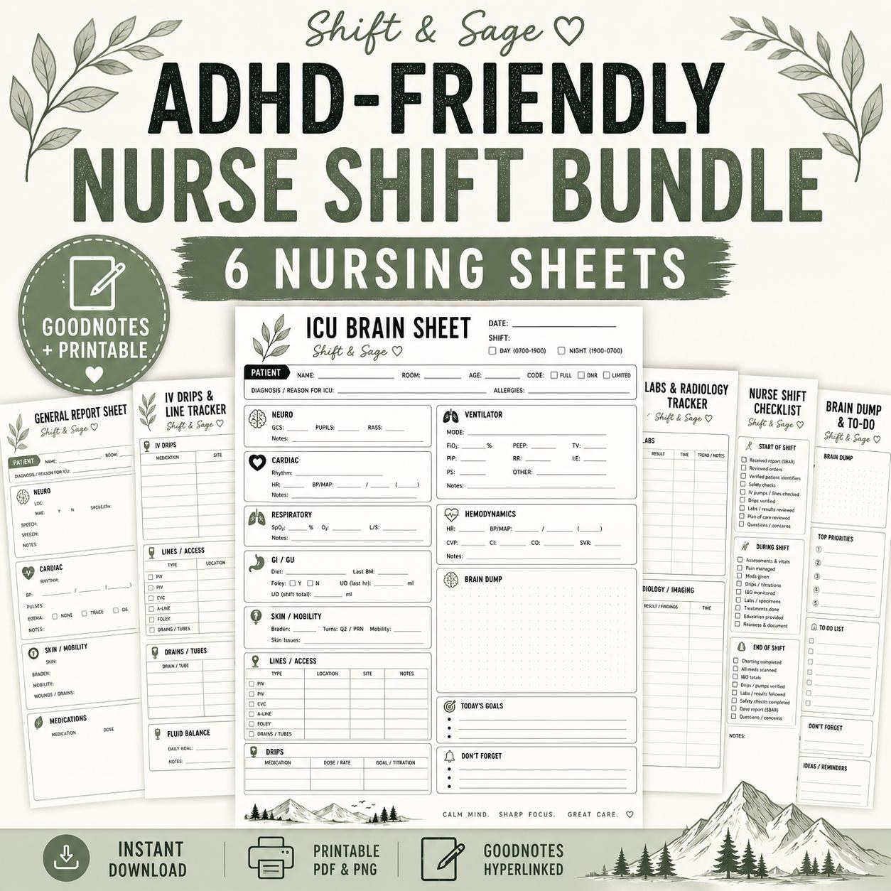 ADHD Nurse Report Sheet Bundle | ICU Shift Planner, Digital PDF (Printable), view 4