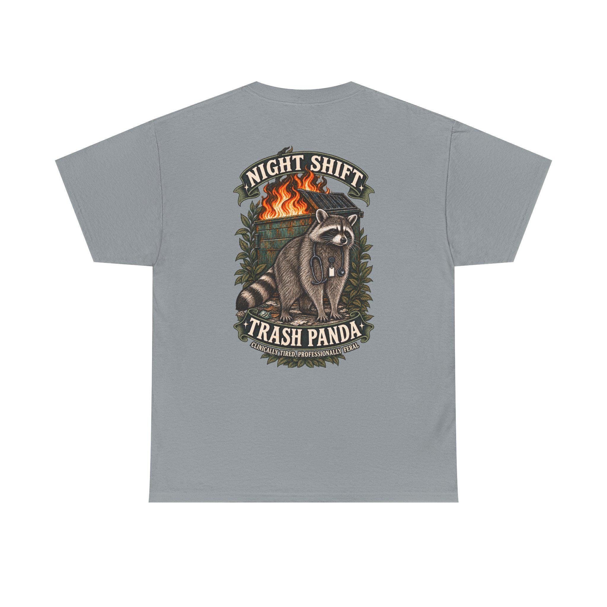 Night Shift Trash Panda T-Shirt | Raccoon Dumpster Fire Illustration, view 19