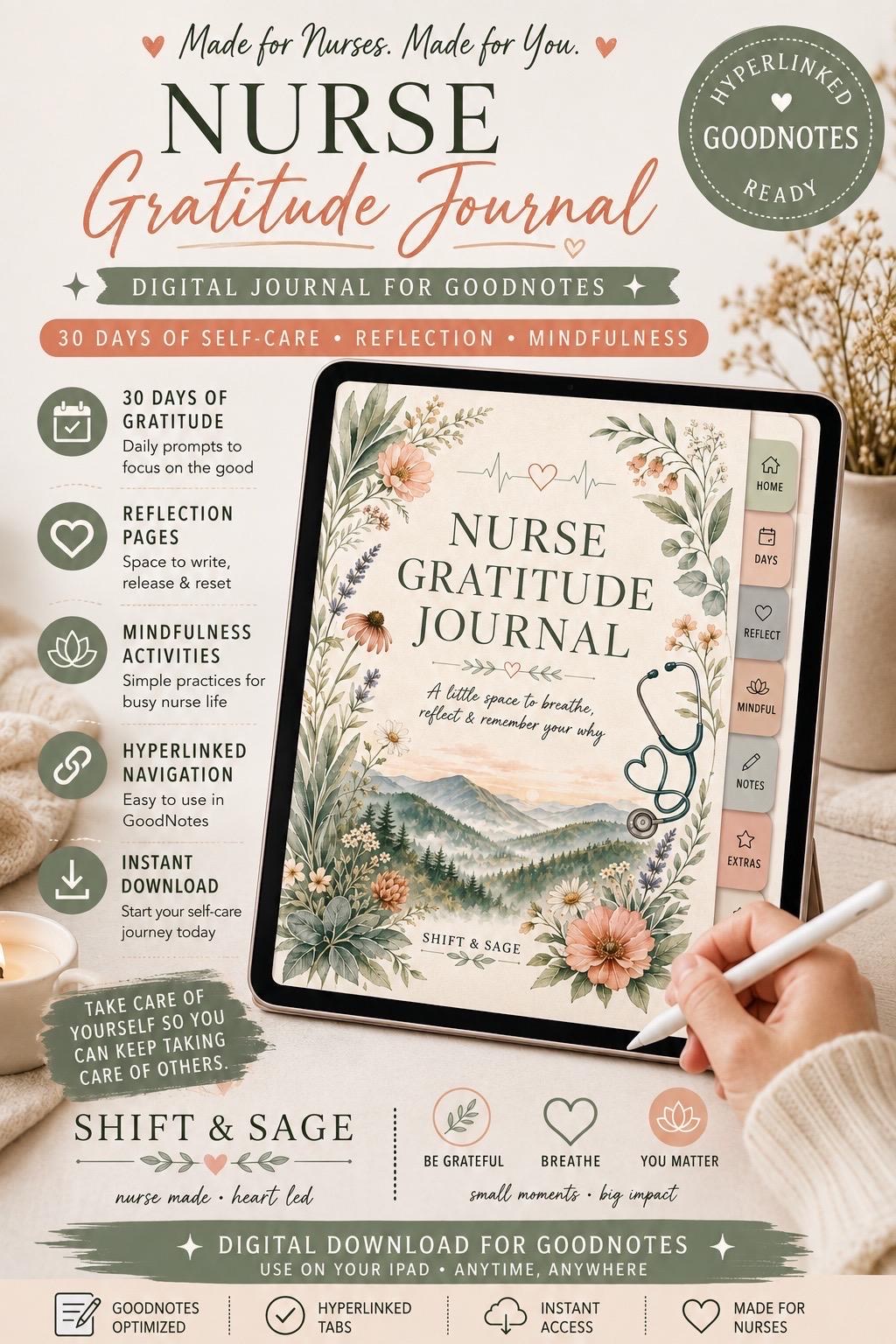 Nurse Gratitude Journal 30 Day Self Care Digital Planner | GoodNotes Nurse Wellness PDF | Printable