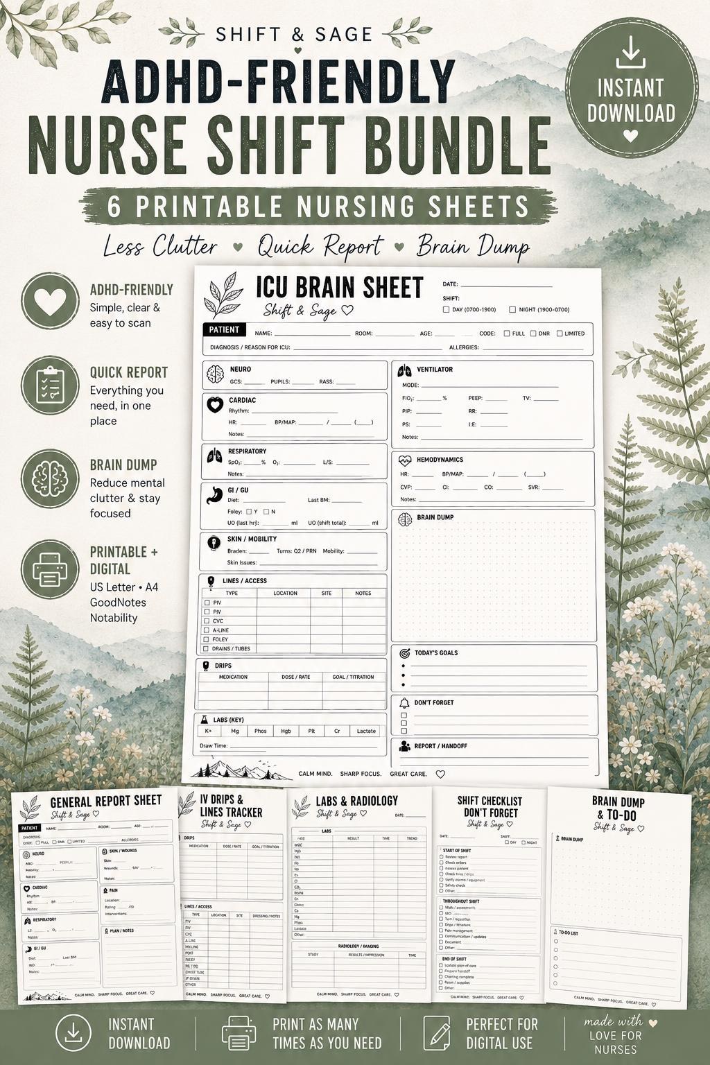 ADHD Nurse Report Sheet Bundle | ICU Shift Planner, Digital PDF (Printable), view 11