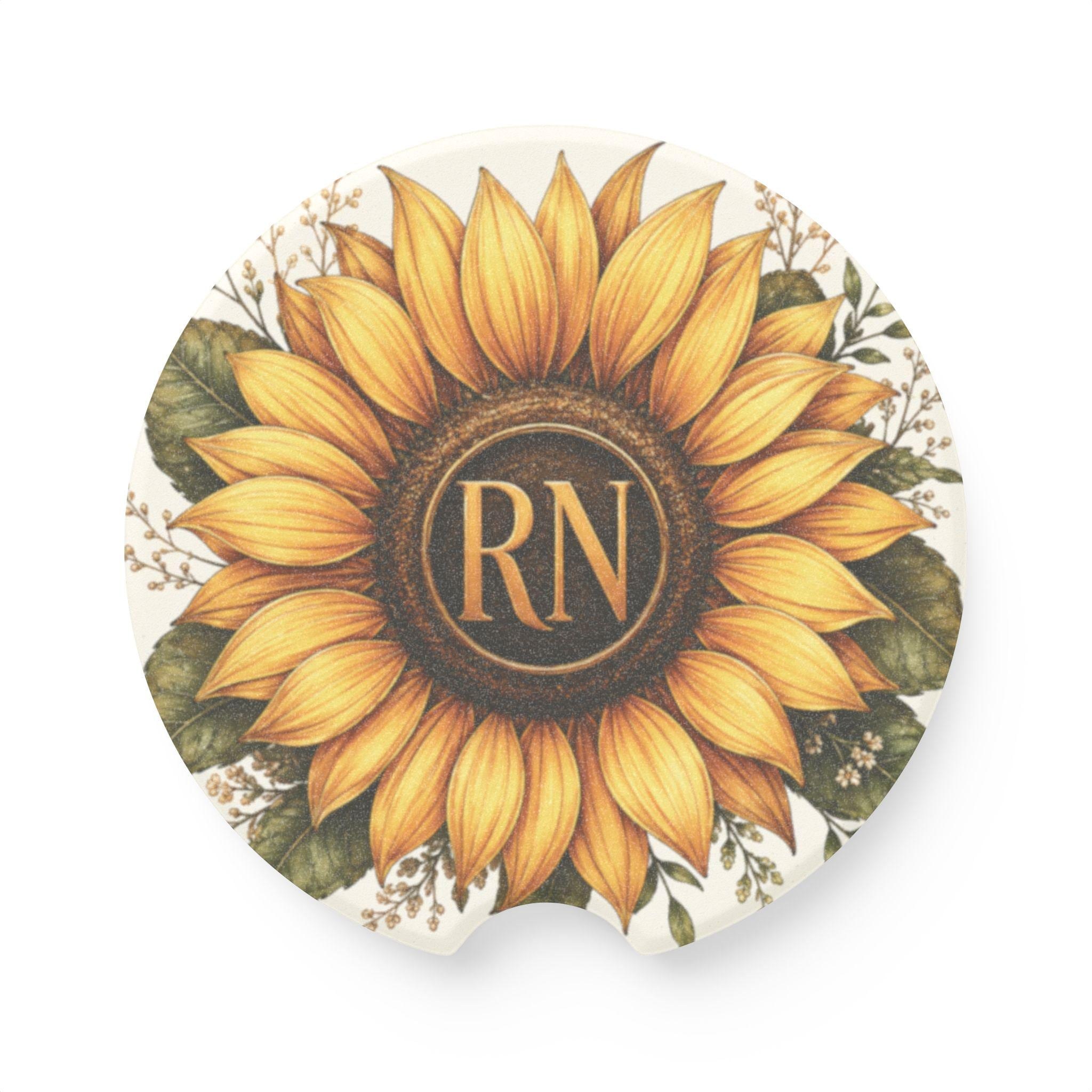 Personalized RN Sunflower Car Coaster | Hand-Painted Soapstone Monogram RN Gift