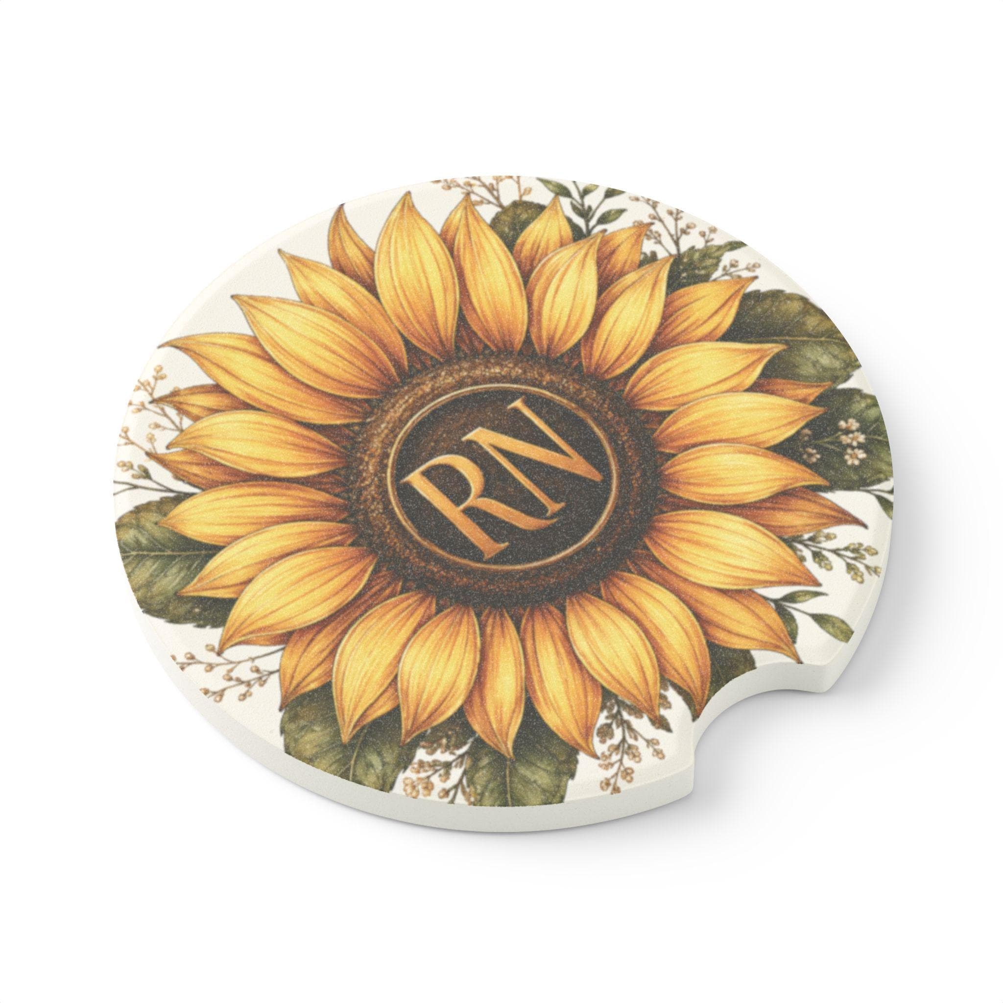 Personalized RN Sunflower Car Coaster | Hand-Painted Soapstone Monogram RN Gift, view 3