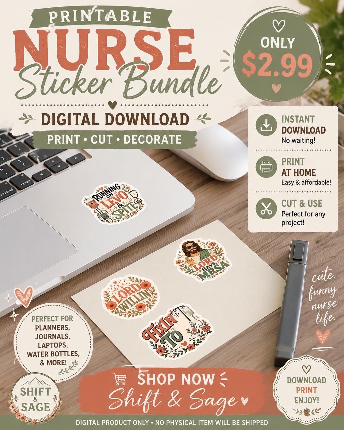 Printable Nurse Sticker Bundle PDF | ICU Nurse and Medical Humor Digital Stickers | GoodNotes Planner, view 2