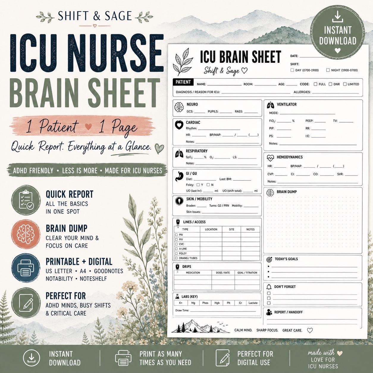 ADHD Friendly ICU Nurse Brain Sheet | Critical Care Report Organizer (Digital PDF), view 3