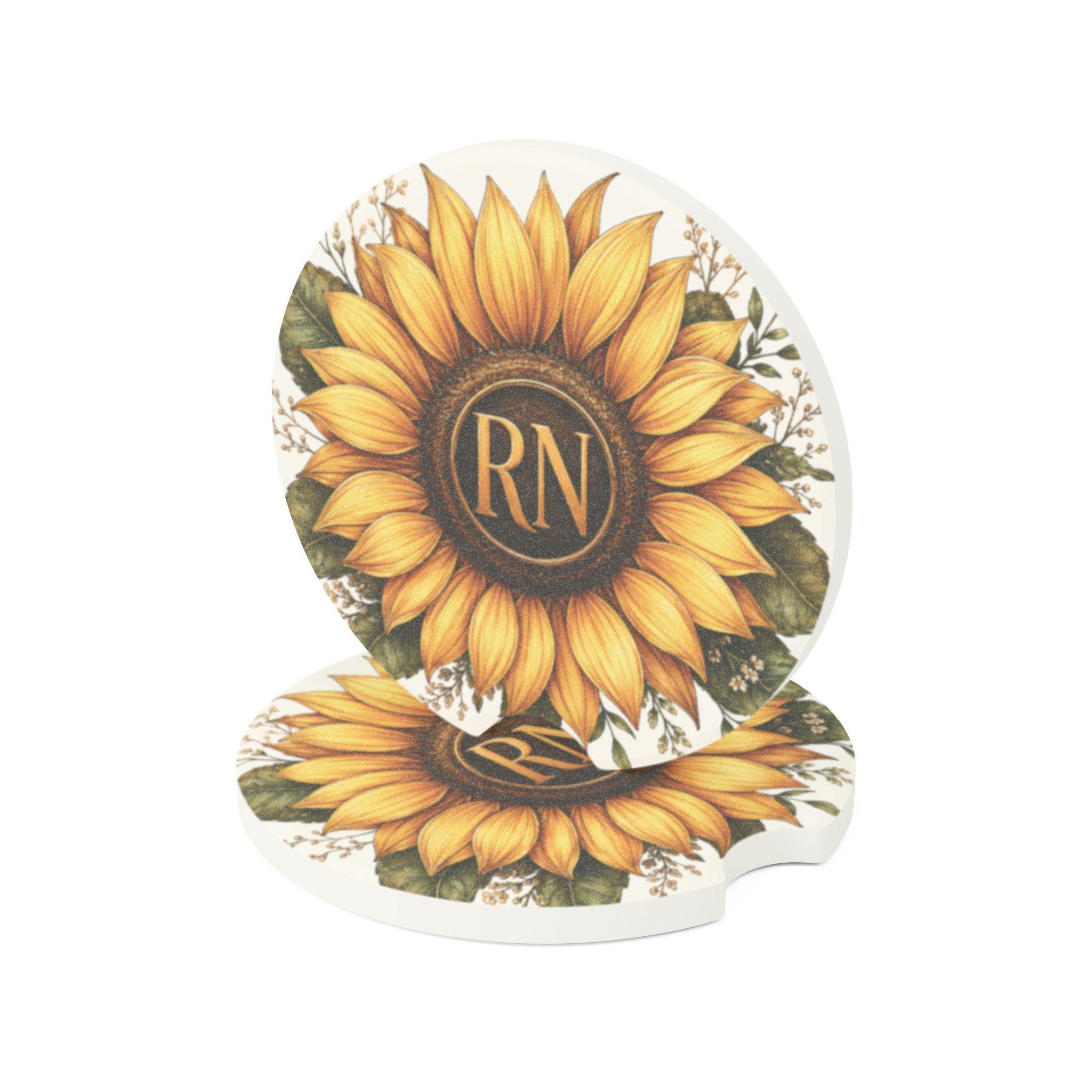 Personalized RN Sunflower Car Coaster | Hand-Painted Soapstone Monogram RN Gift, view 9