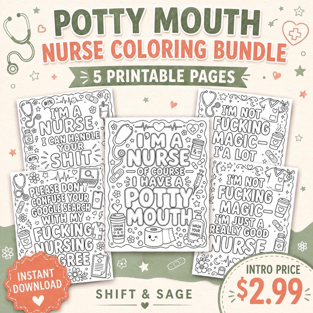 Snarky Nurse Coloring Bundle | 5 Adult Humor RN Pages (PDF Download)