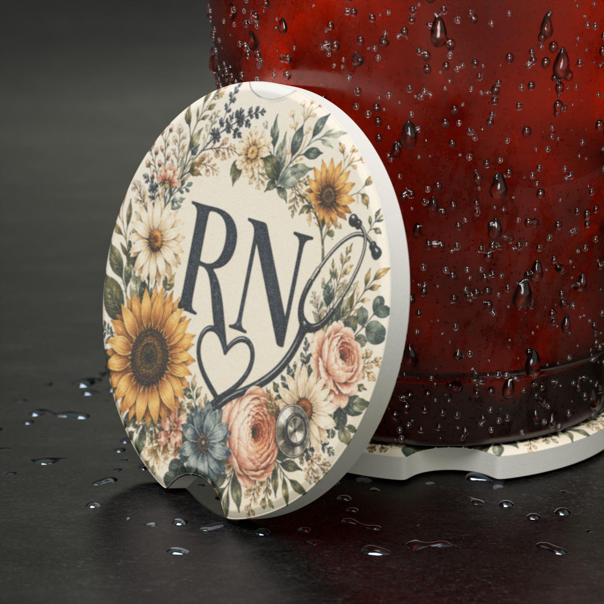 Floral RN Heart Car Coaster | Hand Painted Sunflower Nurse Gift | Nursing Student Graduation Gift, view 5