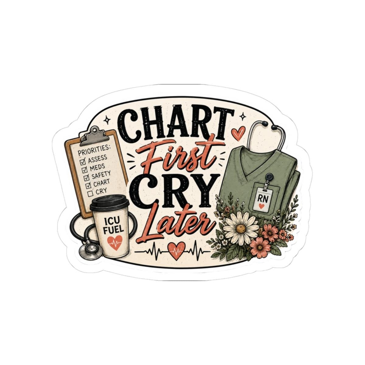 Funny Nurse Sticker | Chart First Cry Later RN Decal (Kiss Cut Vinyl)