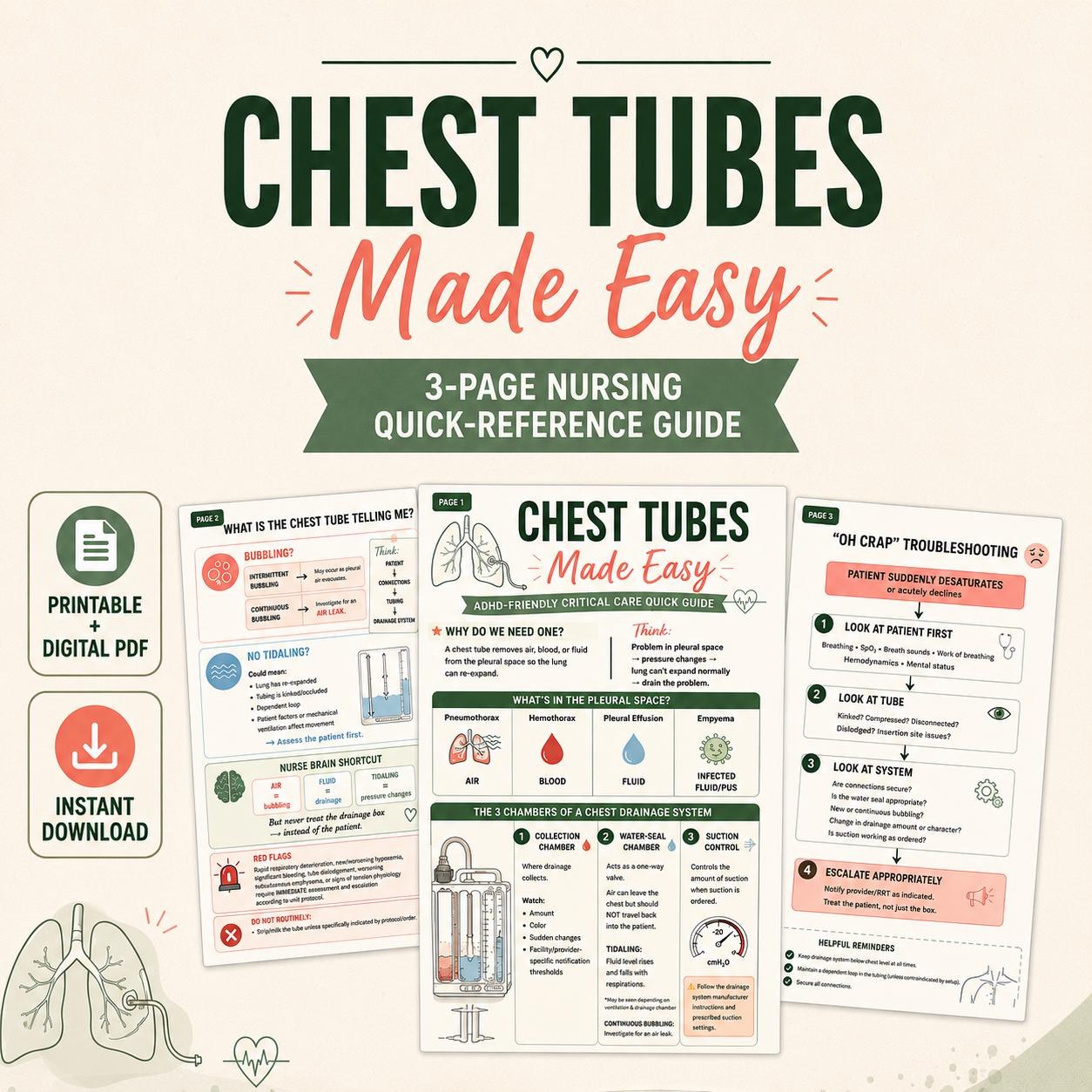 Chest Tube Nursing Study Guide, ADHD-Friendly Clinical Notes, 3-Page Printable PDF