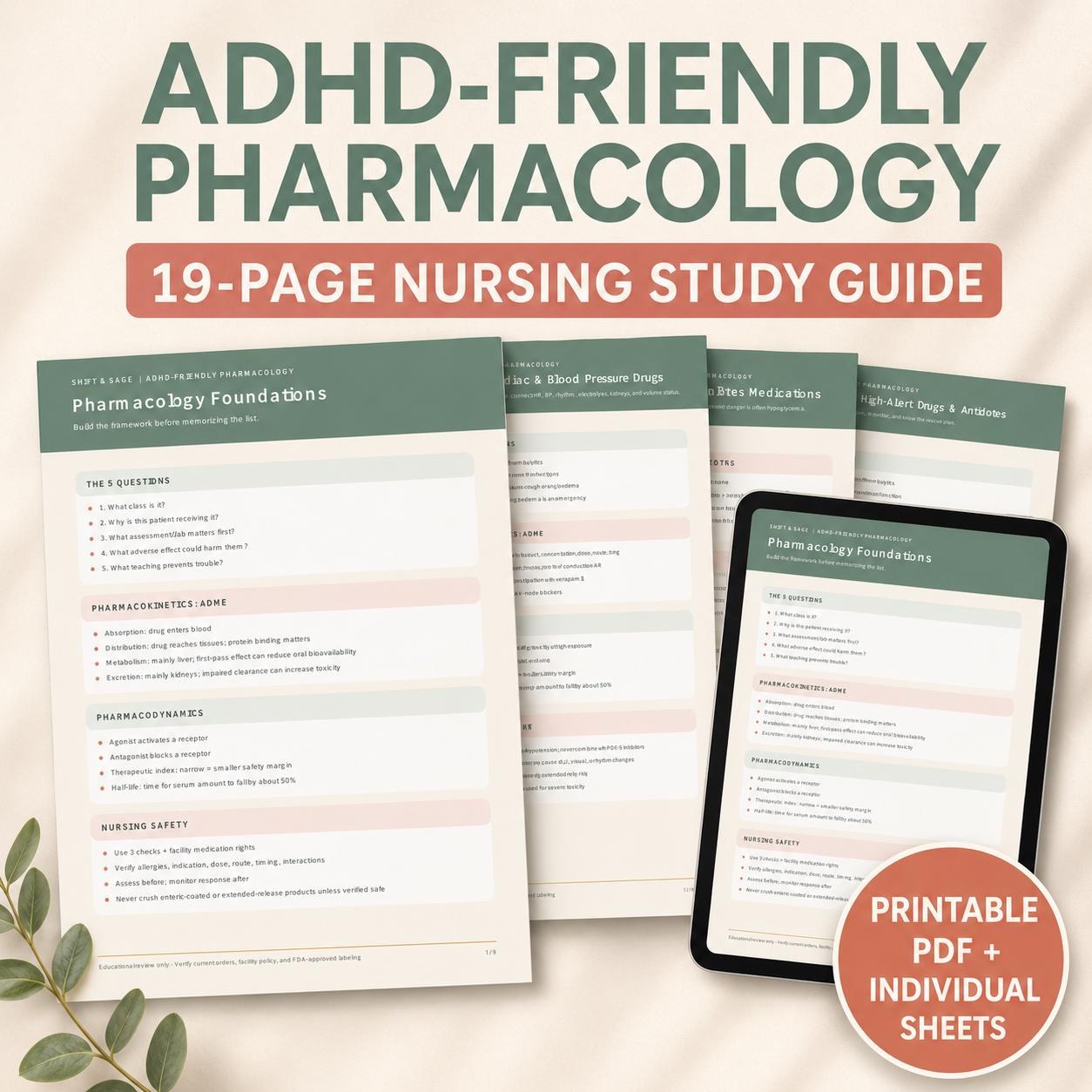ADHD-Friendly Nursing Study Bundle | Pharmacology, Dosage, IV Fluids (PDF)