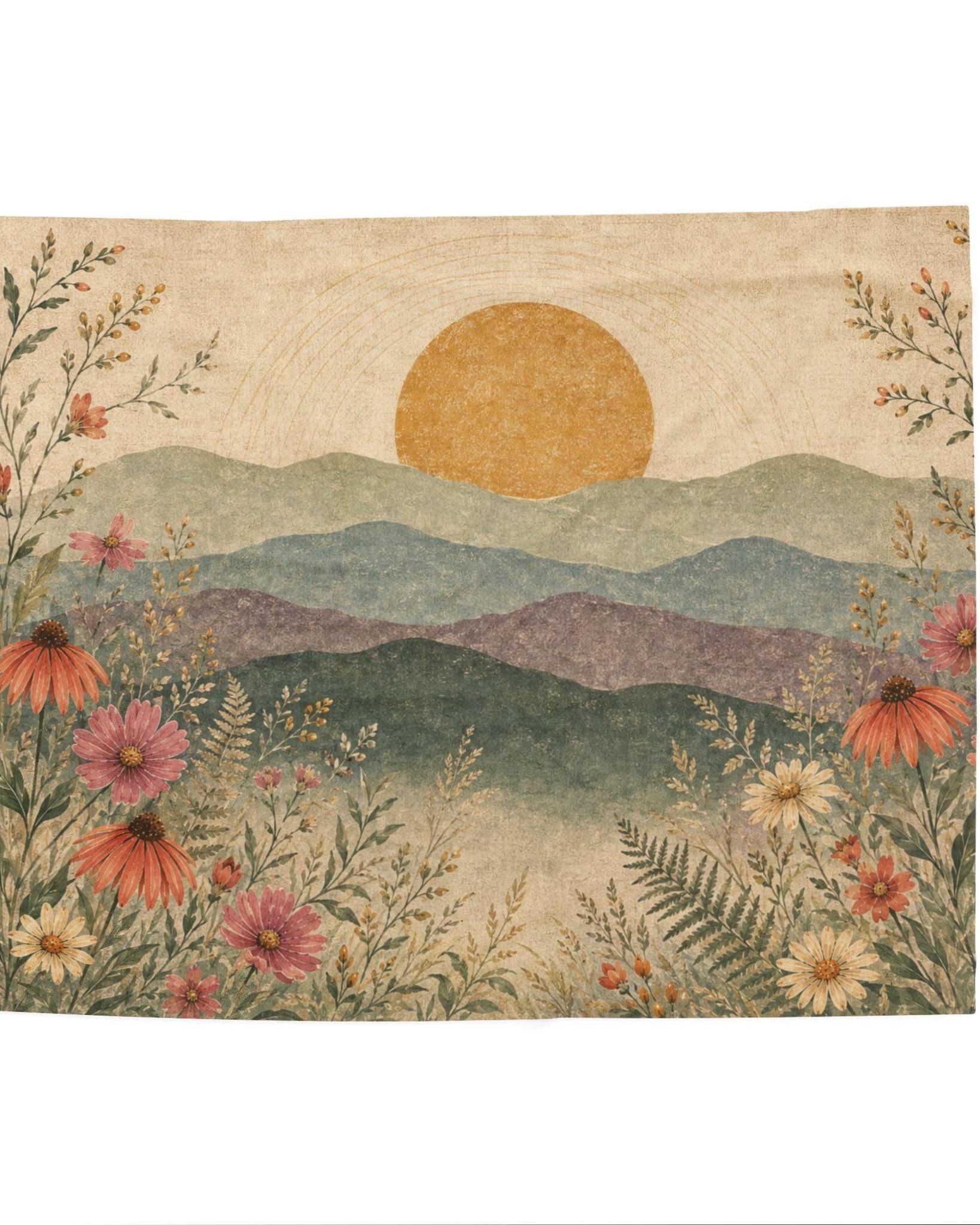 Vintage Botanical Sunset Velveteen Plush Blanket | Cottagecore Floral Sun Landscape Throw | Housewarming Gift