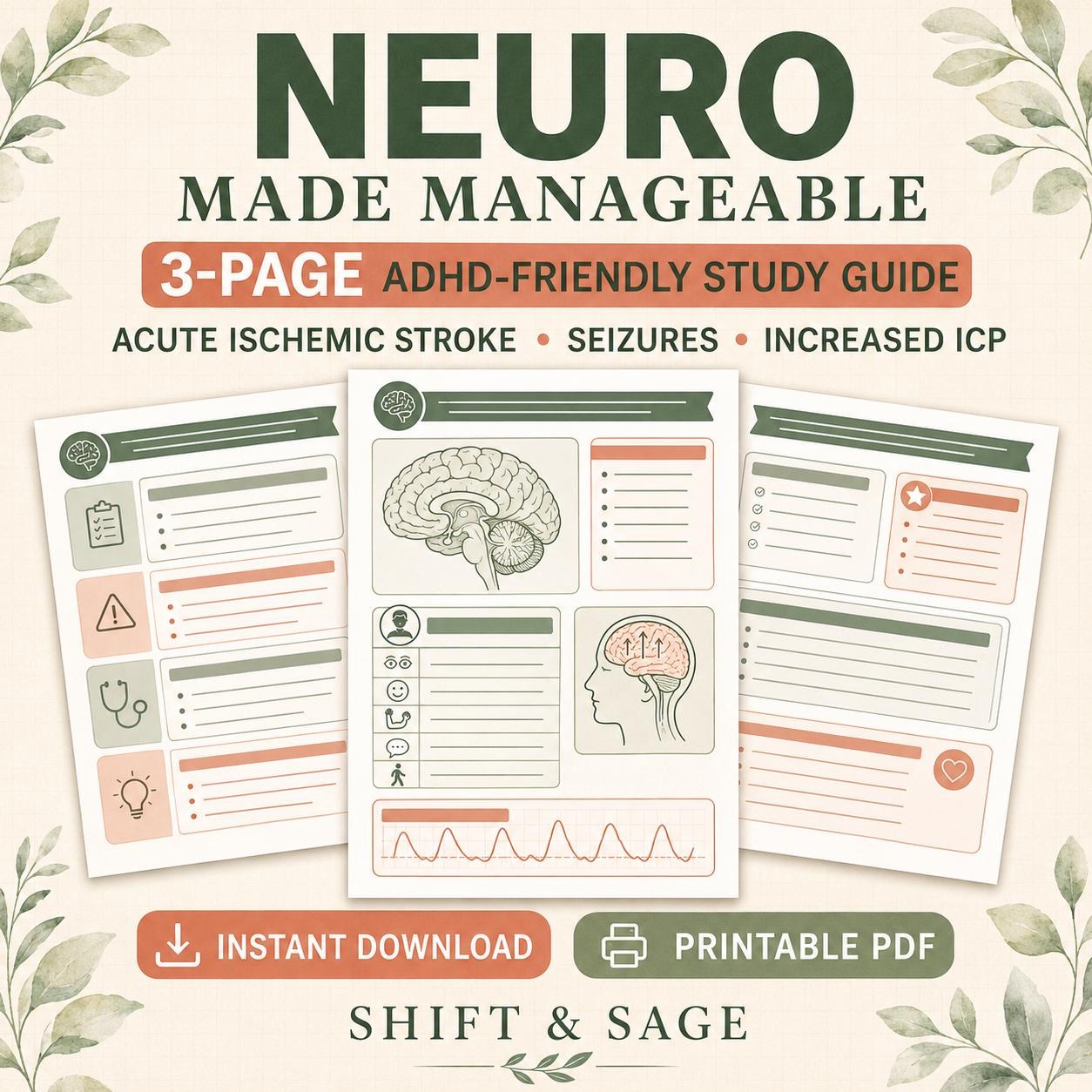 Neurological Nursing Study Guide, ADHD-Friendly Med-Surg Notes, 3-Page Printable PDF