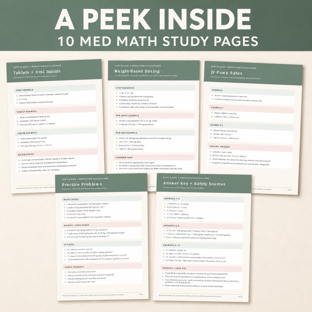 ADHD-Friendly Nursing Med Math Study Guide | NCLEX Practice Worksheets (PDF), view 2