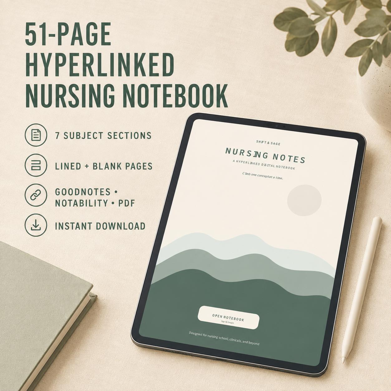 Hyperlinked Nursing Student Notebook | Cream Sage Mountains (Digital PDF)