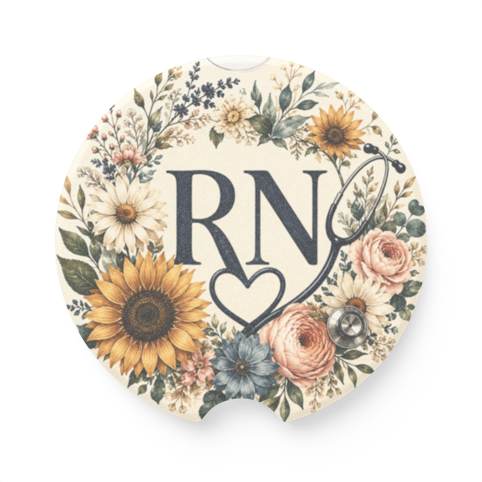Floral RN Heart Car Coaster | Hand Painted Sunflower Nurse Gift | Nursing Student Graduation Gift