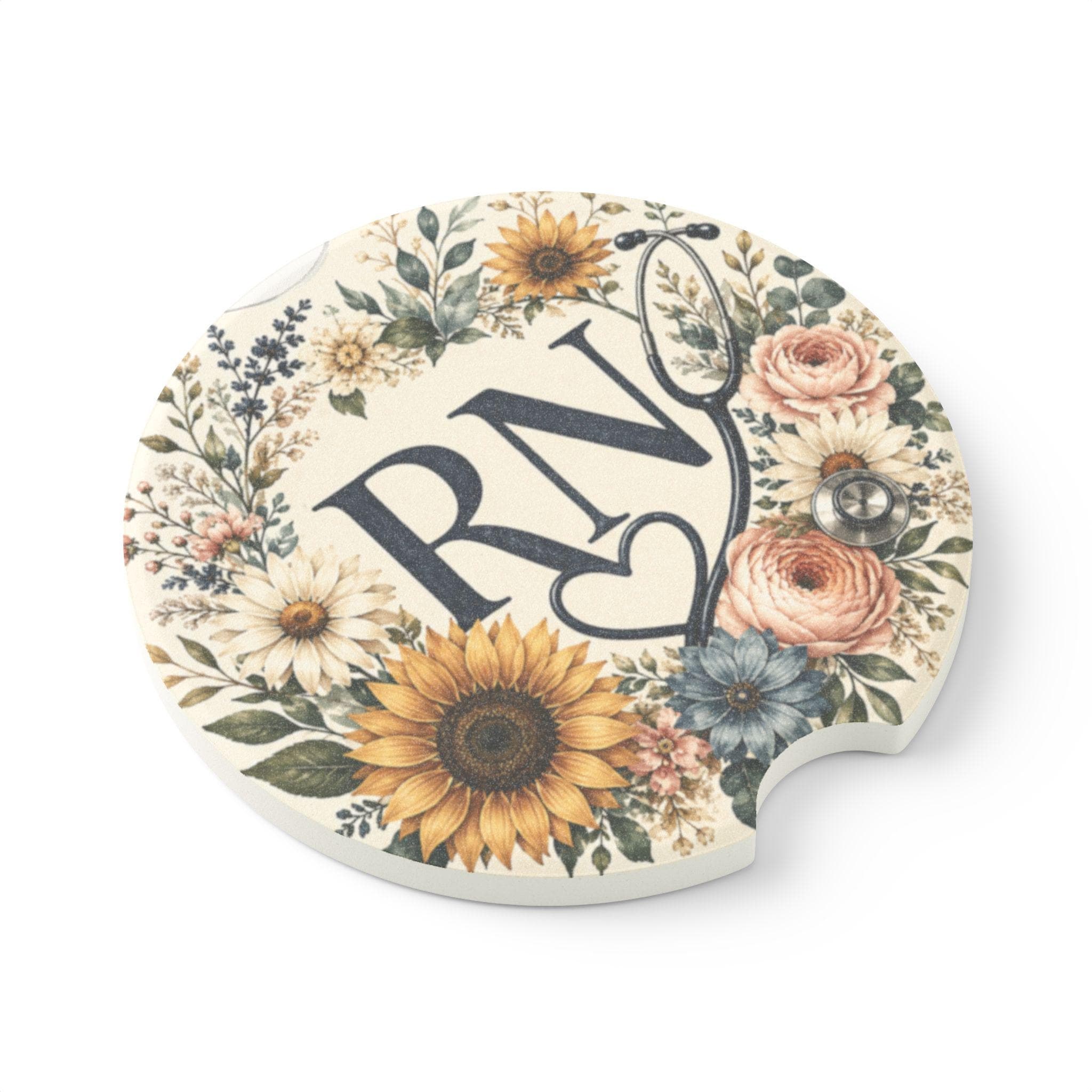 Floral RN Heart Car Coaster | Hand Painted Sunflower Nurse Gift | Nursing Student Graduation Gift, view 3