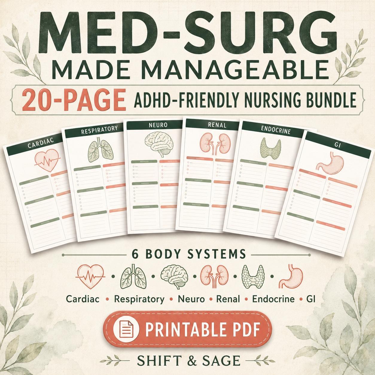 Med-Surg Nursing Study Guide Bundle, ADHD-Friendly Nursing Notes, 20-Page Printable PDF