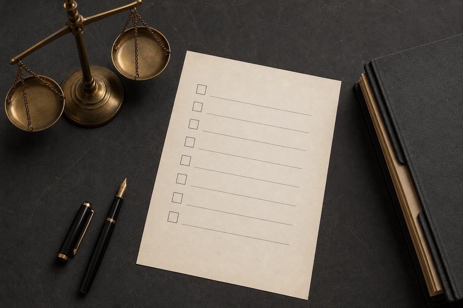 Blank checklist, balance scale, fountain pen, and case file on a charcoal desk