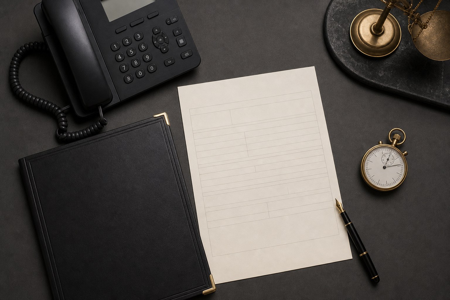 Desk phone, intake form, stopwatch, and case folder on a graphite desk