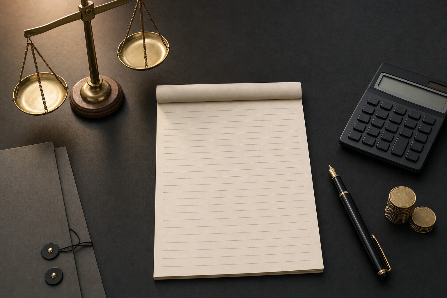 Calculator, balance scale, legal notepad, and folder arranged on a charcoal desk