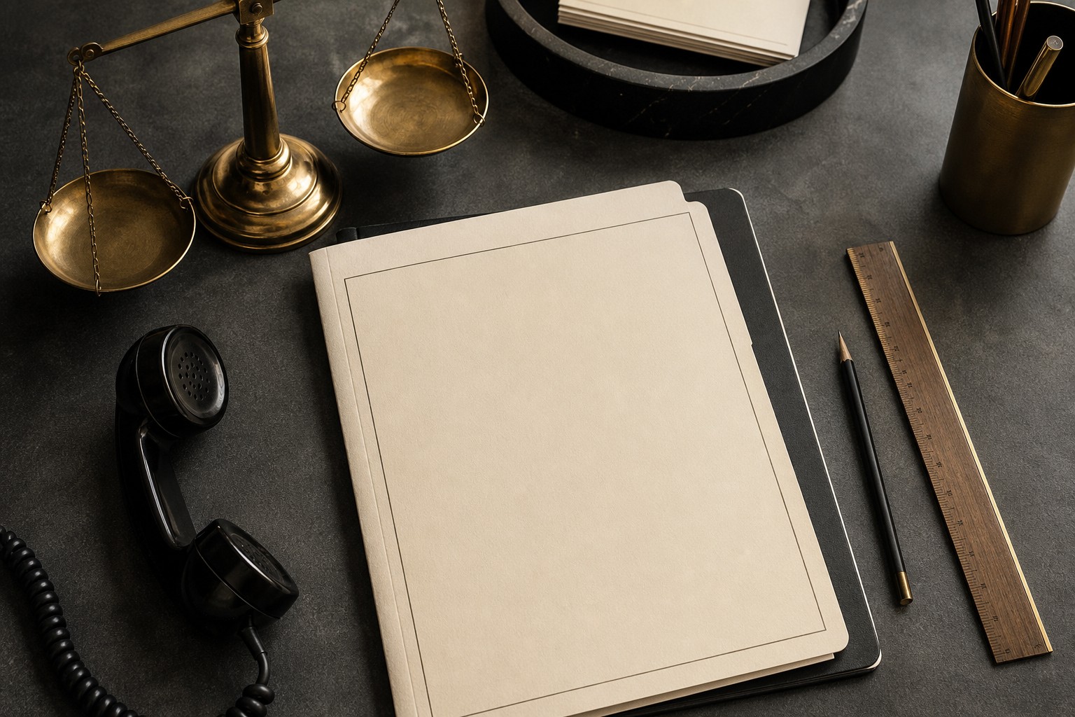 Balance scale, telephone receiver, intake folder, and ruler on a charcoal desk