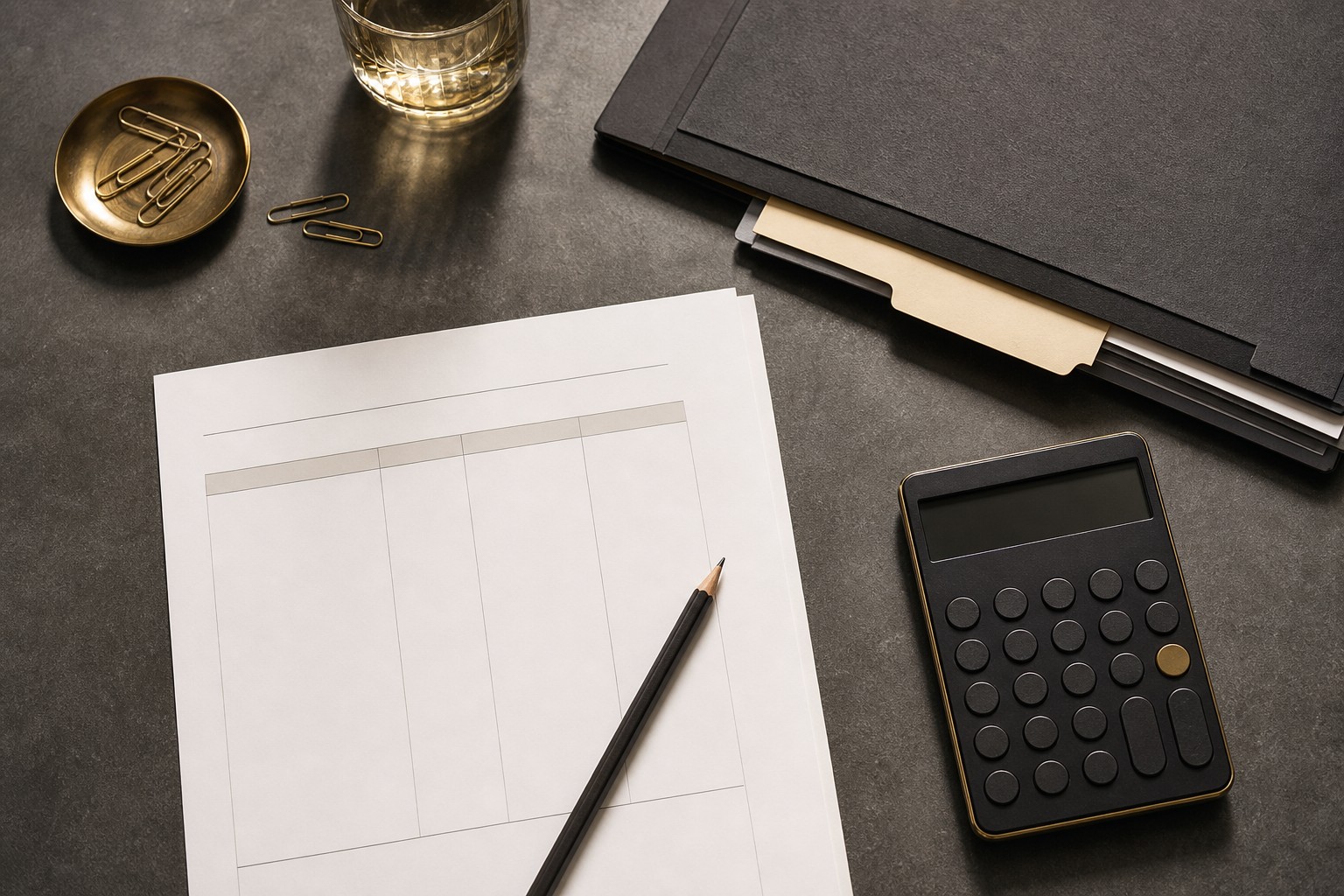 Blank planning worksheet, calculator, pencil, and case file on a graphite desk