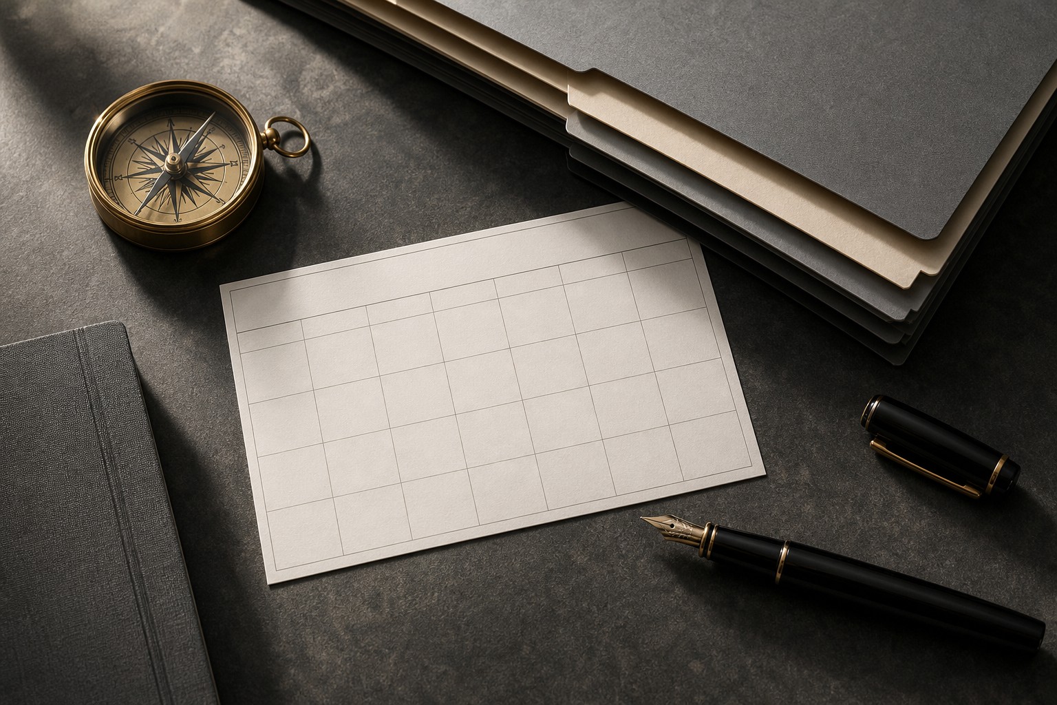 Compass, blank review card, file folders, and pen on a charcoal desk