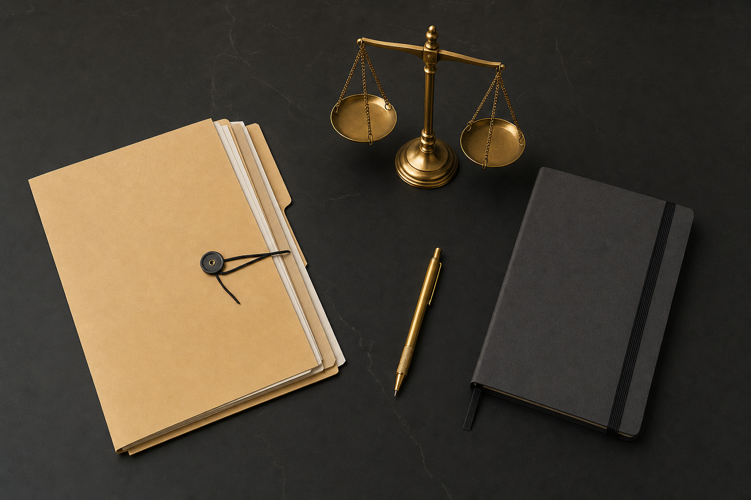 Legal file, brass scale, planner, and gold pen on a charcoal desk