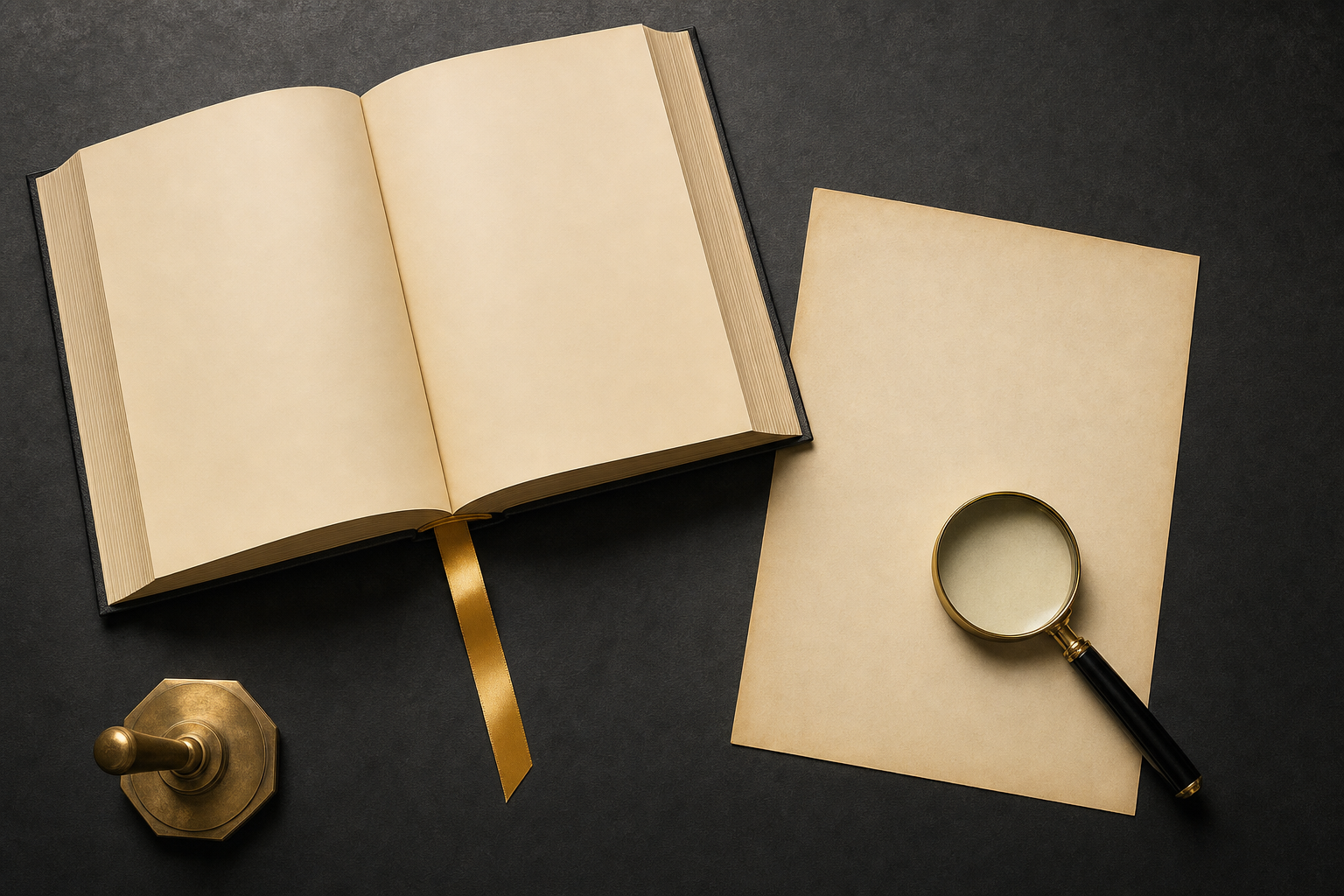 Open legal reference book, blank document, and magnifying glass on a dark desk