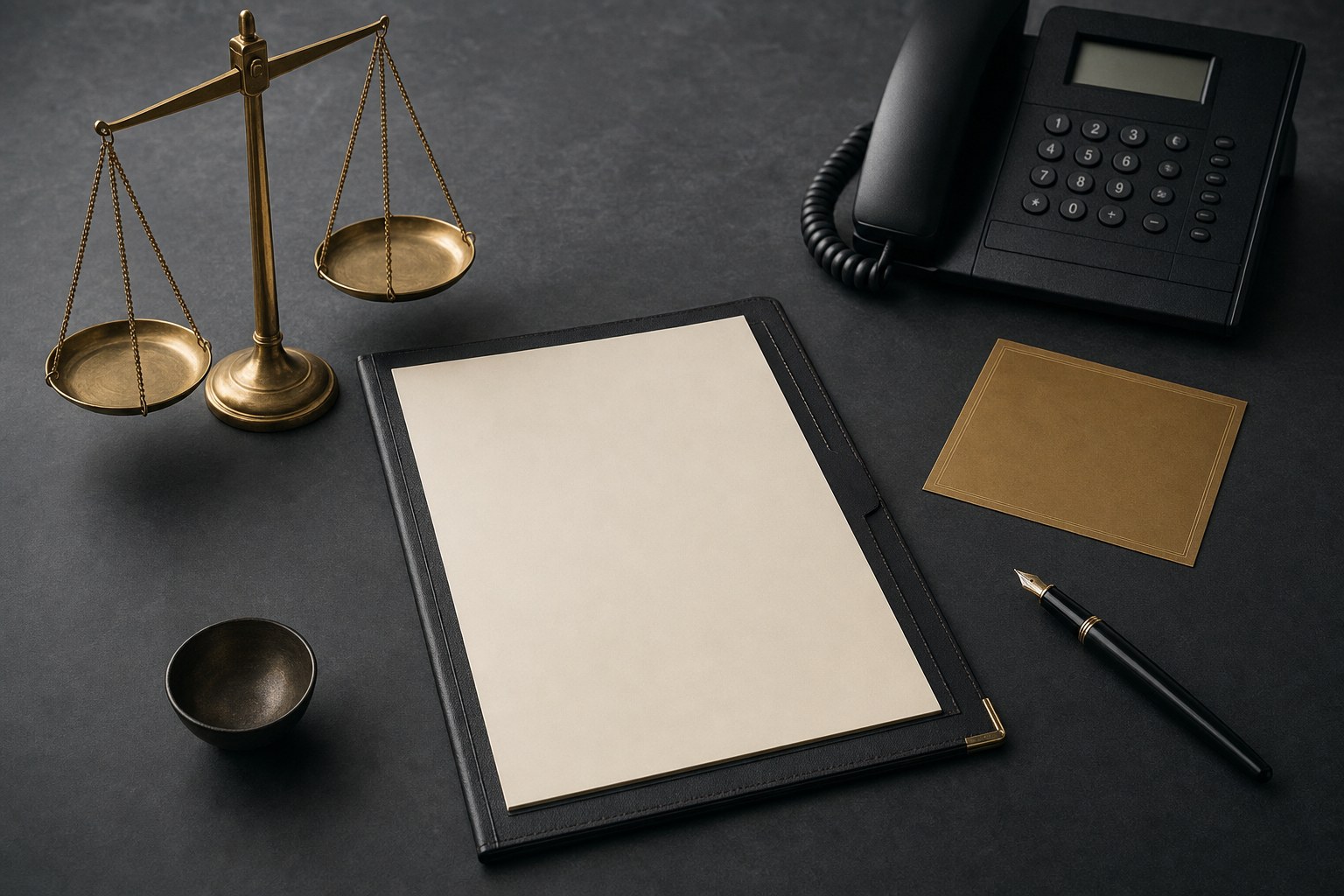 Legal folder, balance scale, business phone, and planning card on a charcoal desk