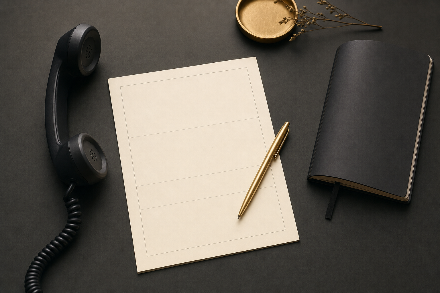 Telephone, blank intake form, gold pen, and notebook on a graphite desk