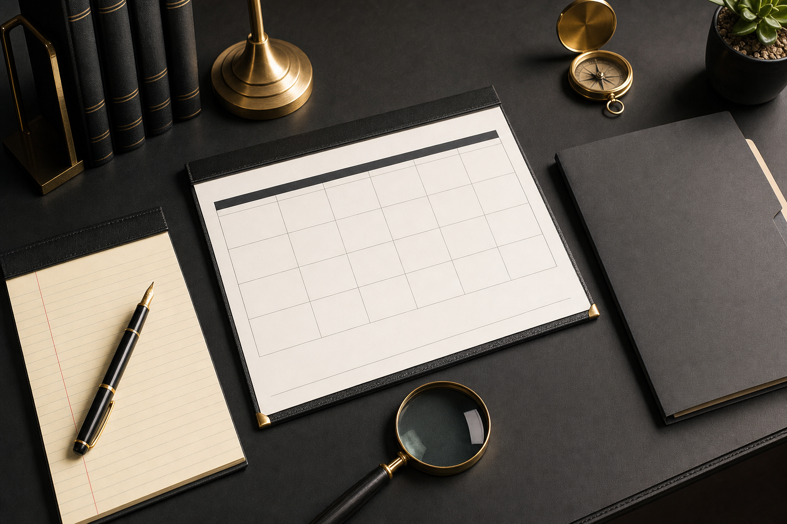 Blank quarterly planner, legal pad, case folder, and compass on a dark desk