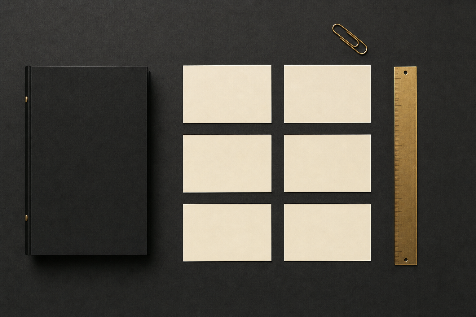 Blank planning cards, binder, paperclip, and measuring rule on a charcoal desk