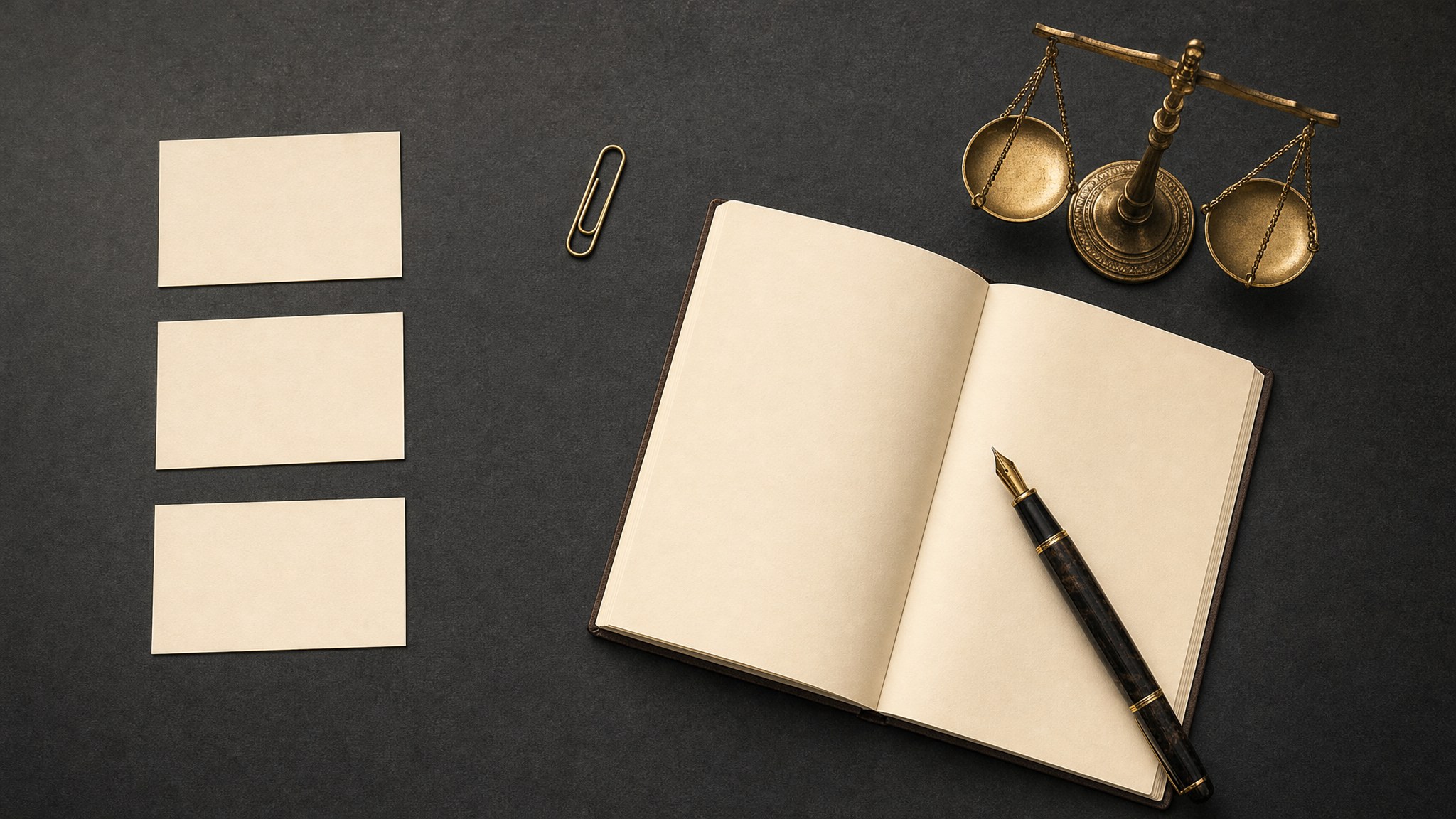Priority cards, brass scale, open notebook, and fountain pen on a graphite desk